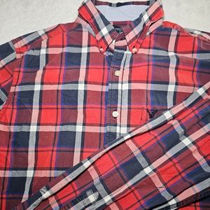 American Eagle Flannel Shirt Mens Large Red Plaid Long Sleeve Prep Fit